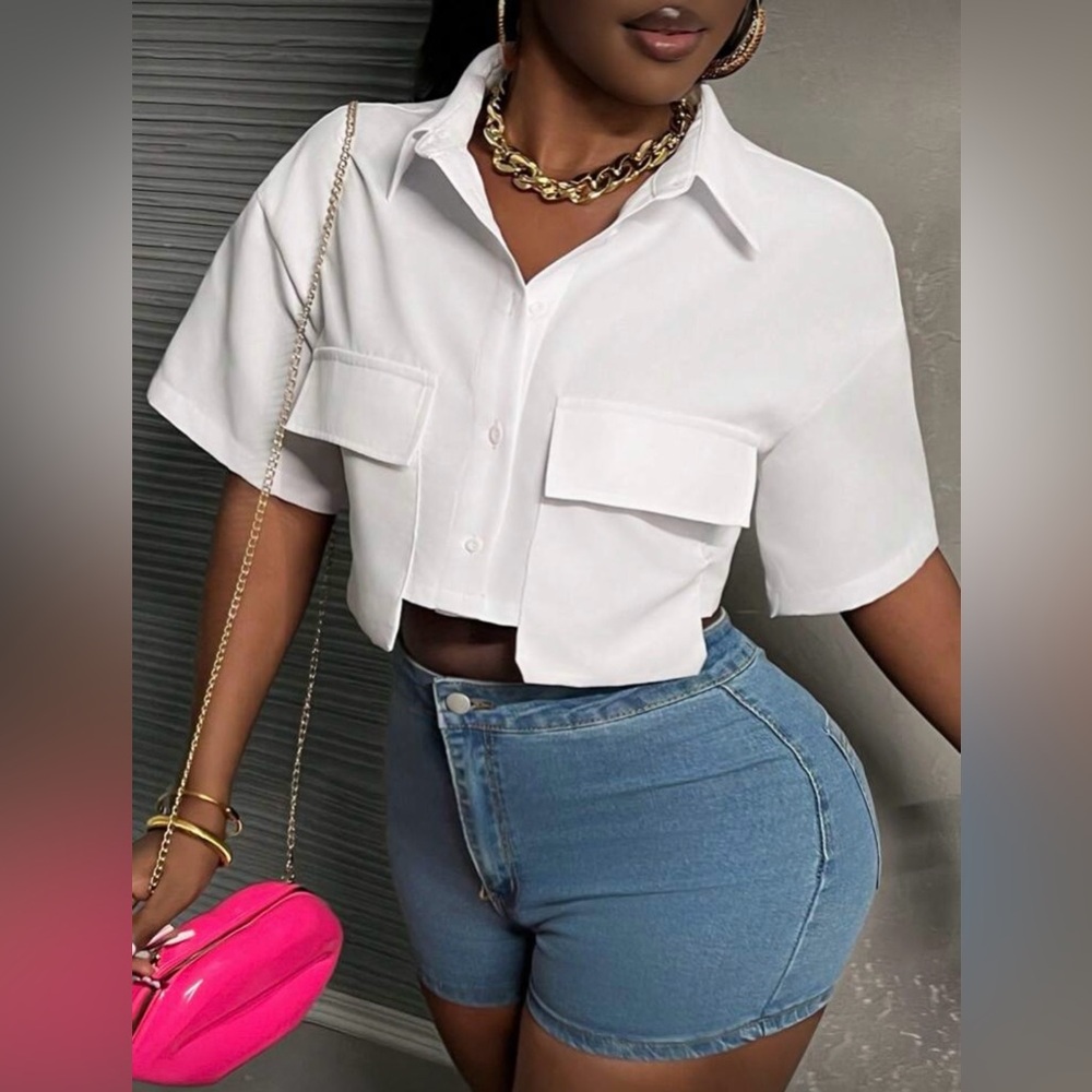 SHEIN White Button-Down Crop Shirt - Picture 6 of 7